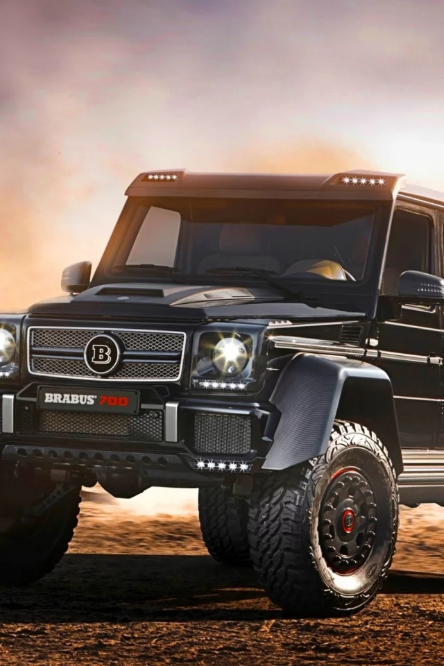 мерседес, mercedes, brabus, 700, b63s, spez, suv, 6x6, modern, power, mod, car, sun, sky, summer, sand, see, indusrial, front, black, nice, wide