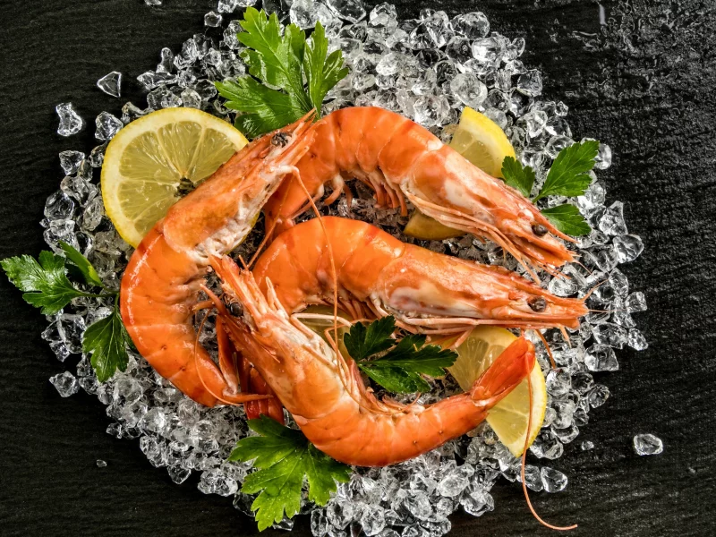 морепродукты, креветки, зелень, лед, лимон