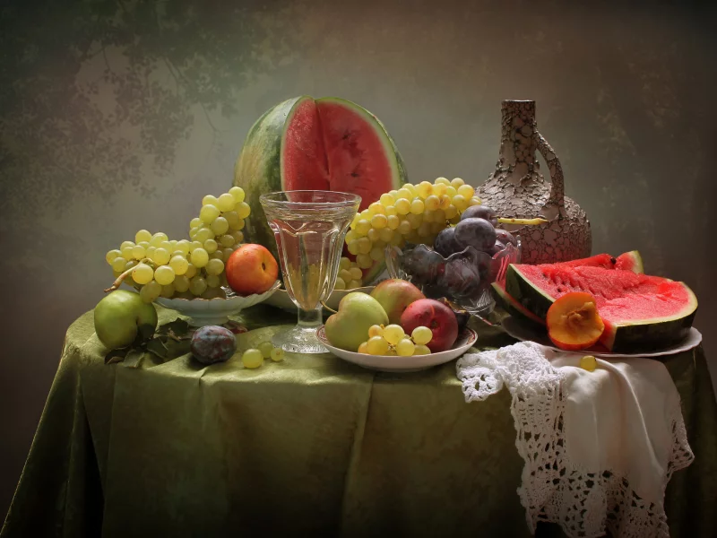 накрытый стол, вино, арбузы, виноград, яблоки, сливы, watermelons, grapes, apples, plums, candles, wine, room, nice, environment, wood, table, main, room, book, read, vine, nice, wide