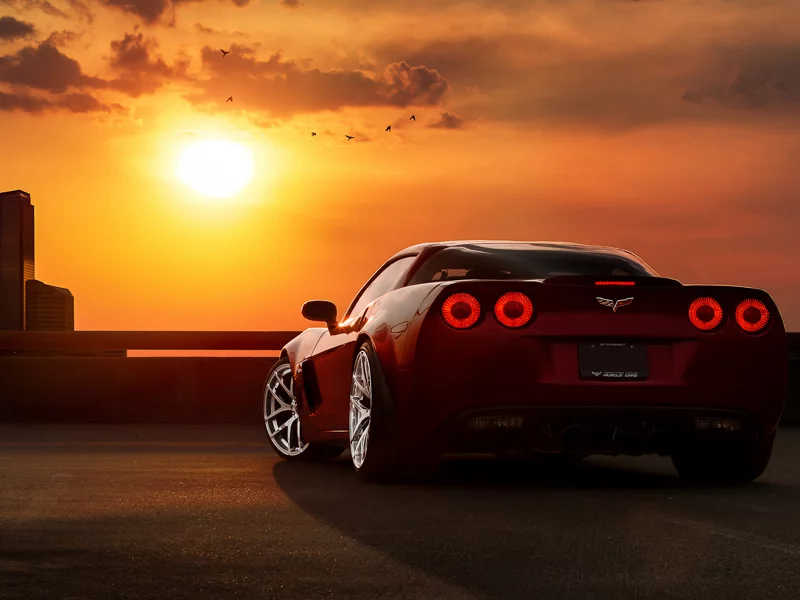 chevrolet, corvette, закат, солнце, вид сзади