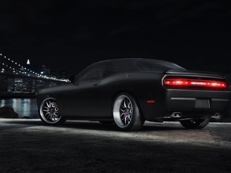 dodge, challenger, black, спорткар, мост, ночь, фонари, огни города