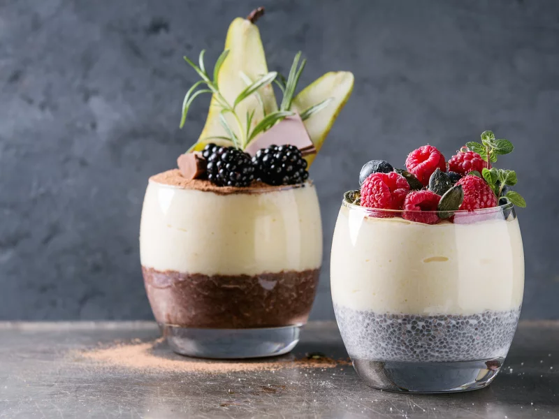 завтрак, porridge, pudding, малина, йогурт, черника, десерт