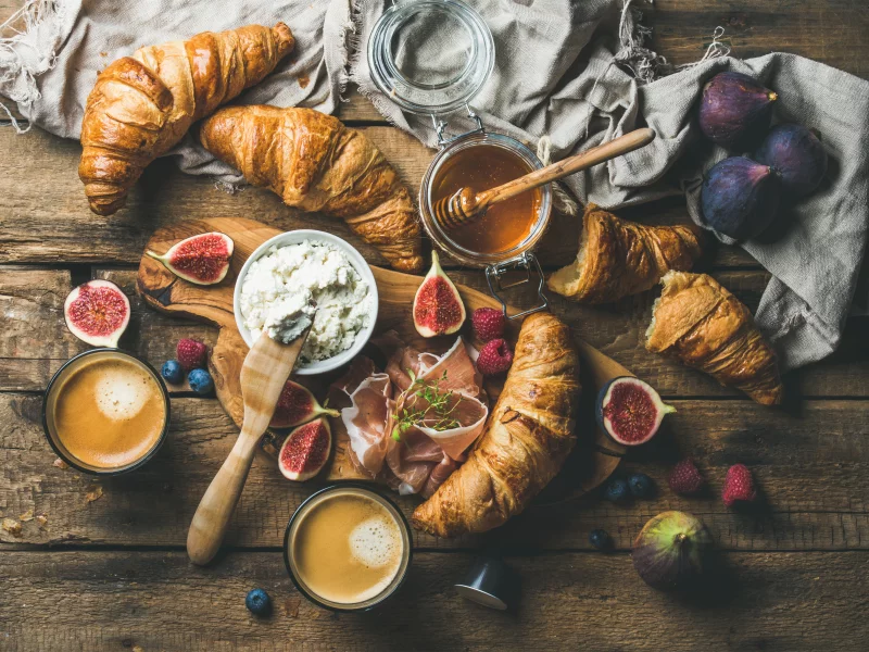 круассаны, ricotta, еда, бекон, сыр, завтрак
