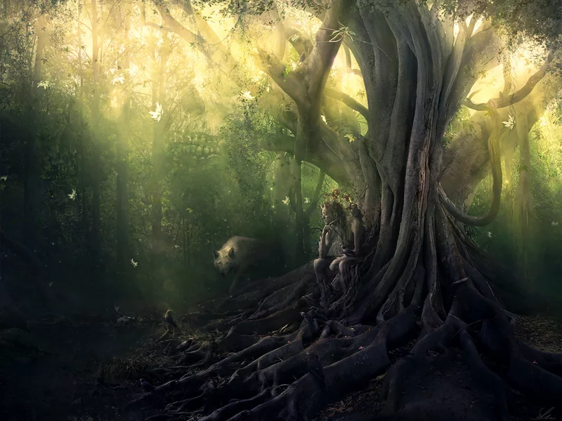лес, фавн, волк, дерево, forest, faun, wolf, tree, old, dense, trees, sunrise, grass, green, fence, leaves, mist, moss, trees, forest, fallen, park, green, nature, landscapes, trail, woods, leaves, dark, see, day, summer, wide