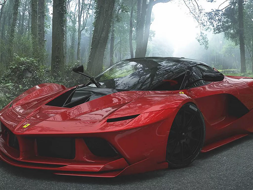 феррари, лес, дорога, автомобиль, ferrari, fxx k, red, front, car, forestl, road, fog, sun, solar, dark, see, eyes, nice, sky, dark, nice, wide