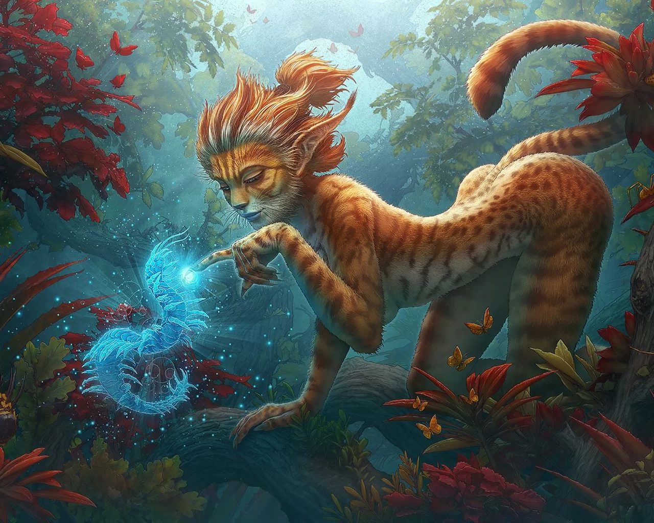 девушка, лео, лес, girl, leo, leopard, fantasy, spirit, magic, light, front, арт, smile, party, art, sun, forest, summer, see, nice, wide