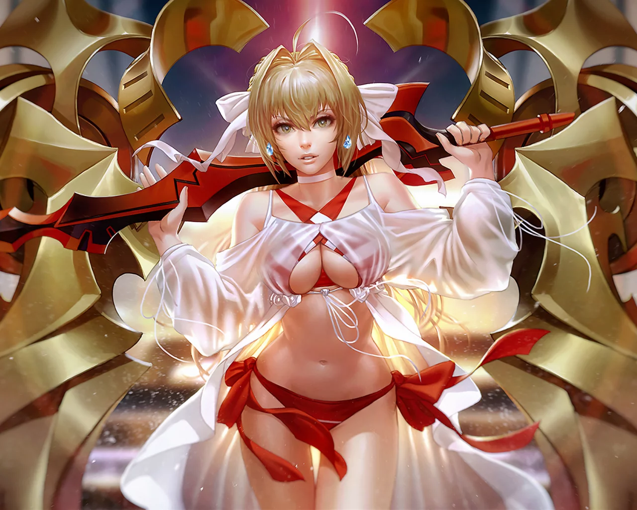 девушка, комната, girl, blonde, fgo, nero, swimsuit, white, red, color, room, leaves, flash, neon, sun, girl, see, field, sun, summer, nice, wide