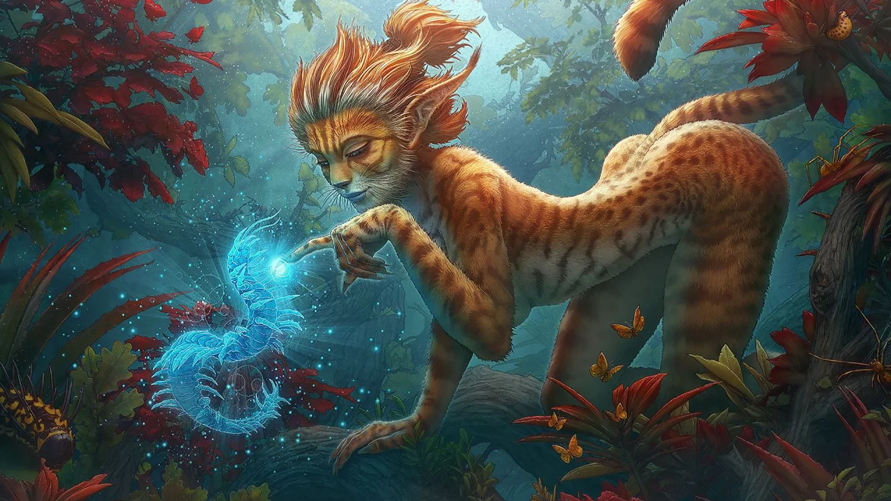 девушка, лео, лес, girl, leo, leopard, fantasy, spirit, magic, light, front, арт, smile, party, art, sun, forest, summer, see, nice, wide