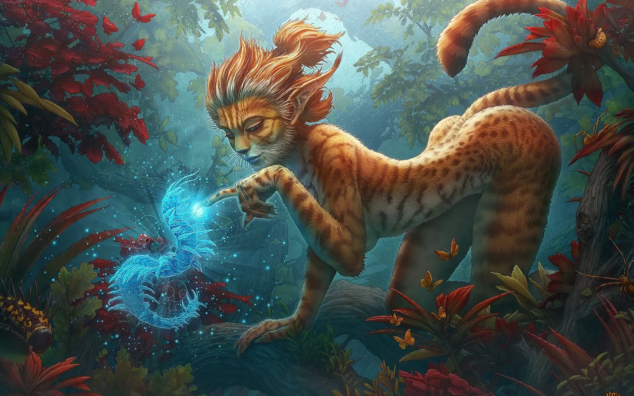 девушка, лео, лес, girl, leo, leopard, fantasy, spirit, magic, light, front, арт, smile, party, art, sun, forest, summer, see, nice, wide