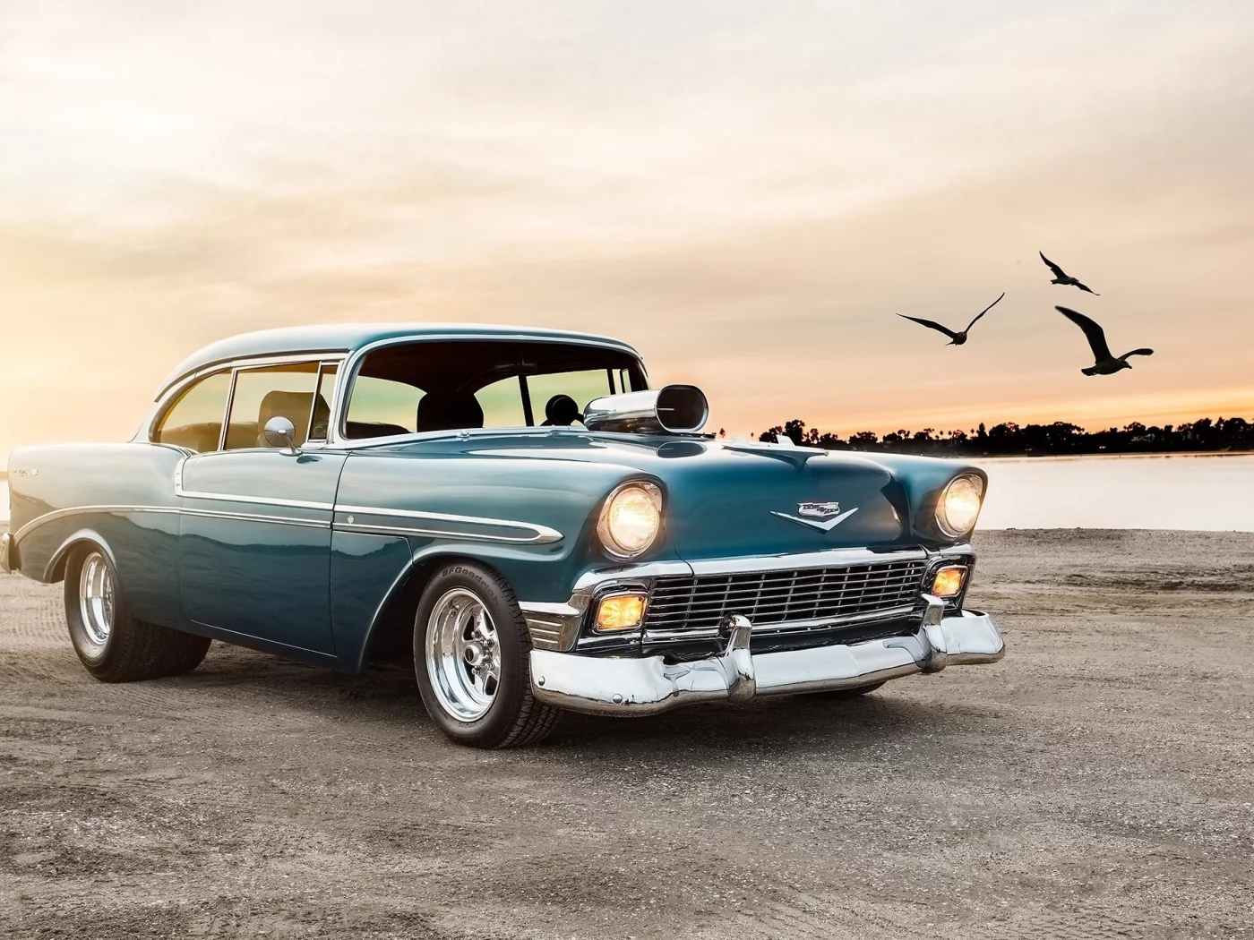 автомобиль, шевроле, classic, chevrolet, 1956, chevy, blue, coupe, bel air, sport, car, old, front, lebaron, luxury, retro, hdr, sun, summer, see, nice, wide