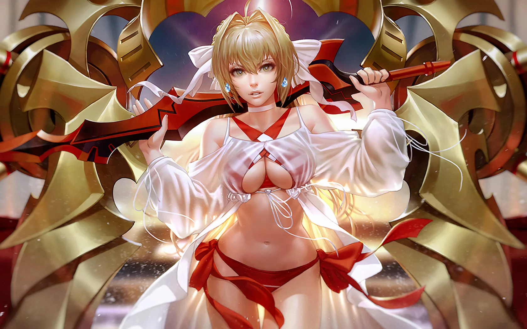 девушка, комната, girl, blonde, fgo, nero, swimsuit, white, red, color, room, leaves, flash, neon, sun, girl, see, field, sun, summer, nice, wide