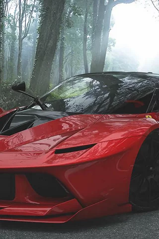 феррари, лес, дорога, автомобиль, ferrari, fxx k, red, front, car, forestl, road, fog, sun, solar, dark, see, eyes, nice, sky, dark, nice, wide