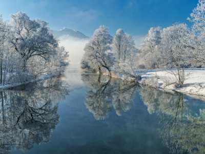 река, деревья, иней, зима, отражение