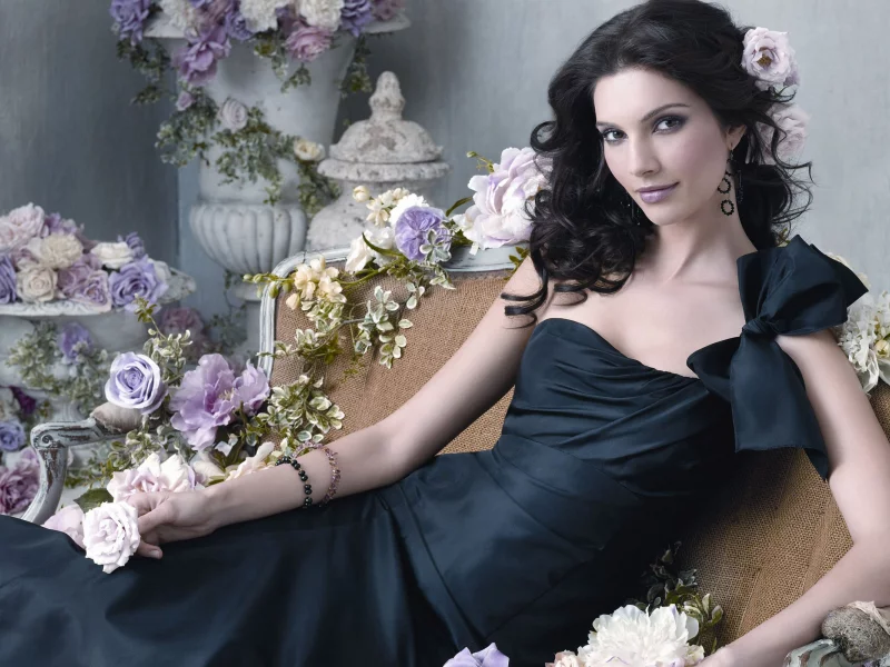 девушка, розы, цветы, платье, girl, rose, flowers, brunette, front, dress, long, black, room, sofa, sun, solar, white, see, lips, eyes, smile, nice, wide