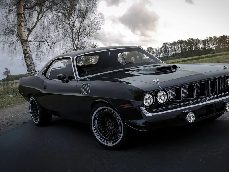 автомобиль, плимут, classic, plymouth, cuda, black, coupe, car, old, front, lebaron, luxury, retro, hdr, sun, summer, see, nice, roen911, wide