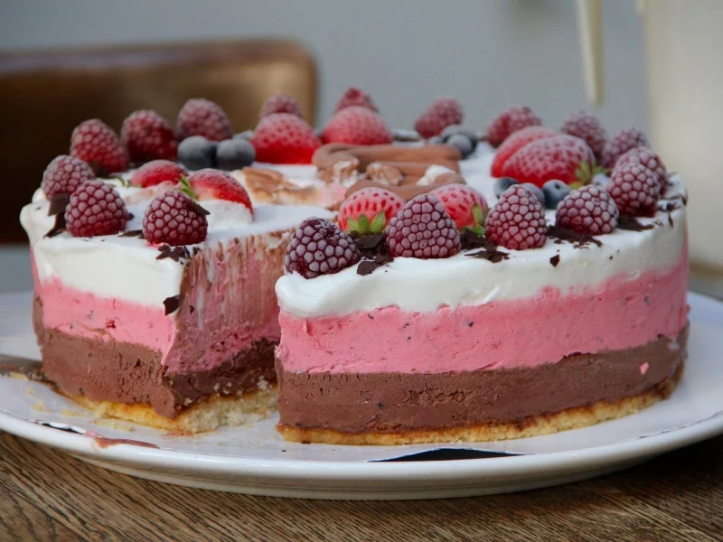 торт, тортик, клубника, малина, мороженое, комната, cake, cakes, ice cream, ice, cream, color, pink, red, strawberries, raspberries, sweets, nice, environment, white, table, main, read, vine, see, nice, wide