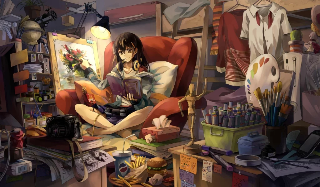 девушка, комната, рисование, girl, dress, color, room, dark, art, neko yanshoujie, paveikslas, teptukai, ausines, molbert, see, sun, nice, smile, wide