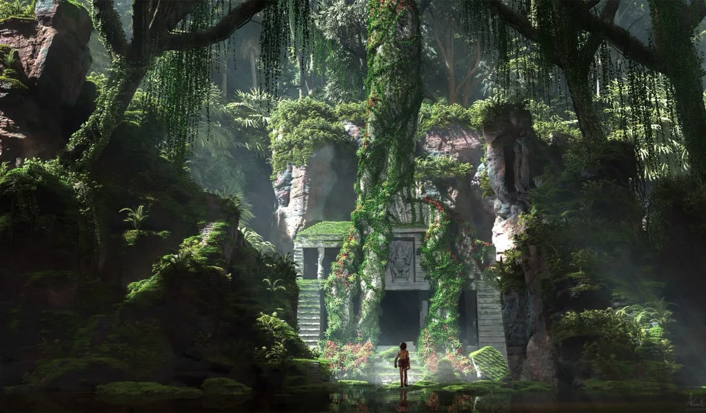 заброшенный, дворец, джунгли, книга джунглей, jungle, forgotten, place, junglebook, boy, forest, grass, ruins, stones, trees, palm, day, light, see, nice, wide
