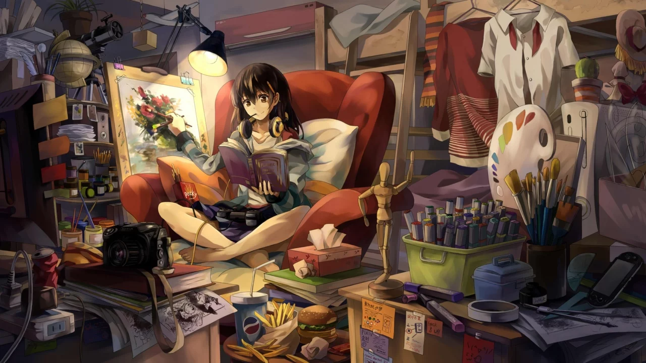 девушка, комната, рисование, girl, dress, color, room, dark, art, neko yanshoujie, paveikslas, teptukai, ausines, molbert, see, sun, nice, smile, wide