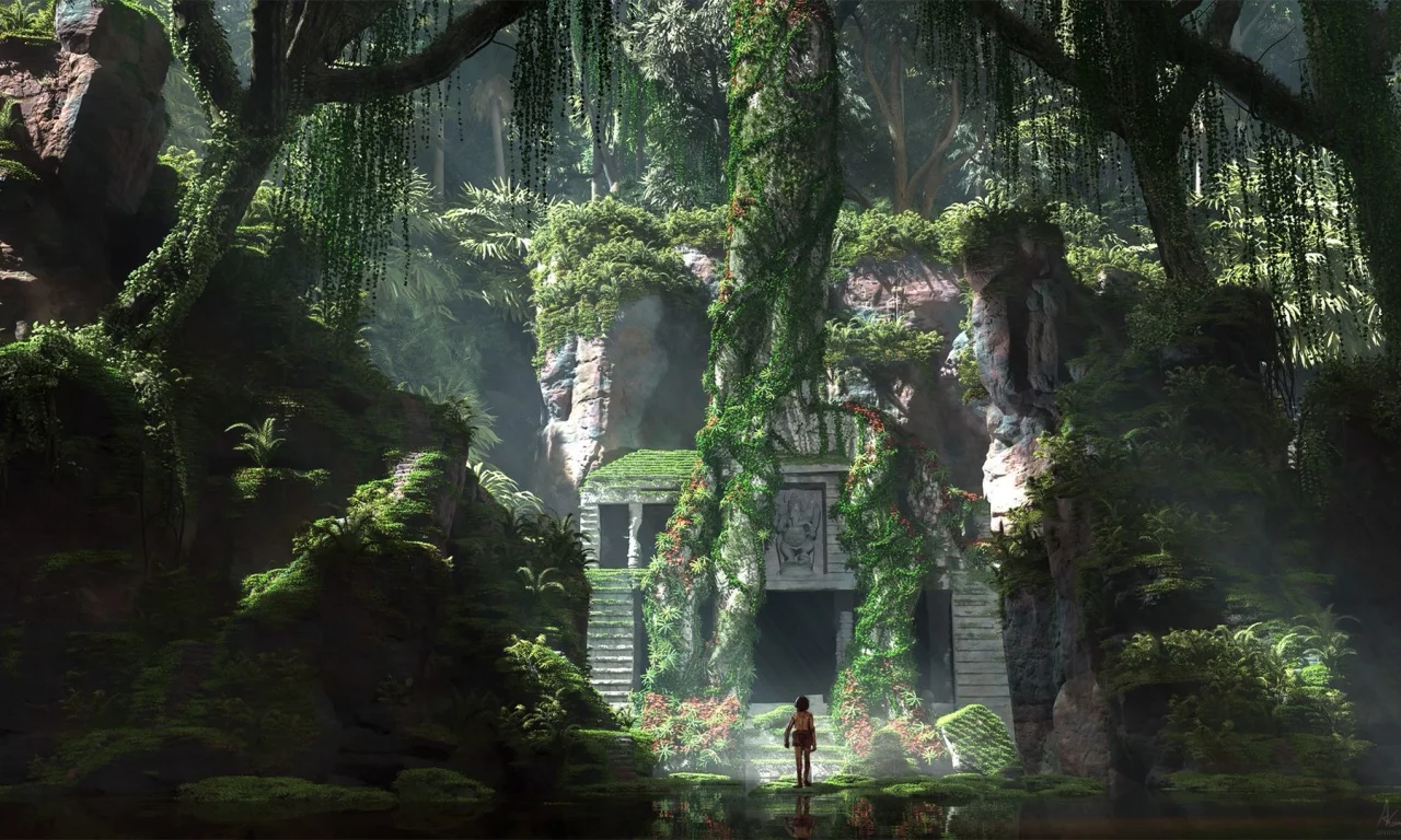 заброшенный, дворец, джунгли, книга джунглей, jungle, forgotten, place, junglebook, boy, forest, grass, ruins, stones, trees, palm, day, light, see, nice, wide