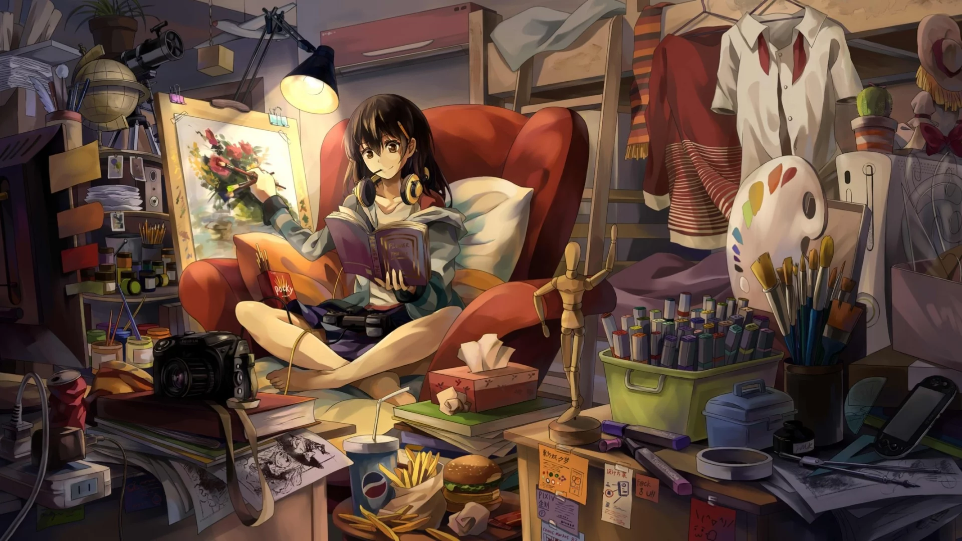 девушка, комната, рисование, girl, dress, color, room, dark, art, neko yanshoujie, paveikslas, teptukai, ausines, molbert, see, sun, nice, smile, wide