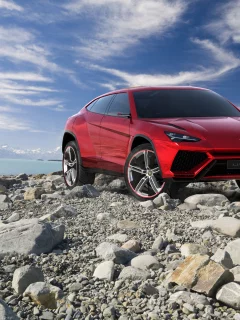 автомобиль, ламборджини, урус, скалы, горы, озеро, urus, lamborghini, front, red, suv, power, car, rocks, mountains, lake, sun, sky, summer, see, indusrial, day, nice, wide