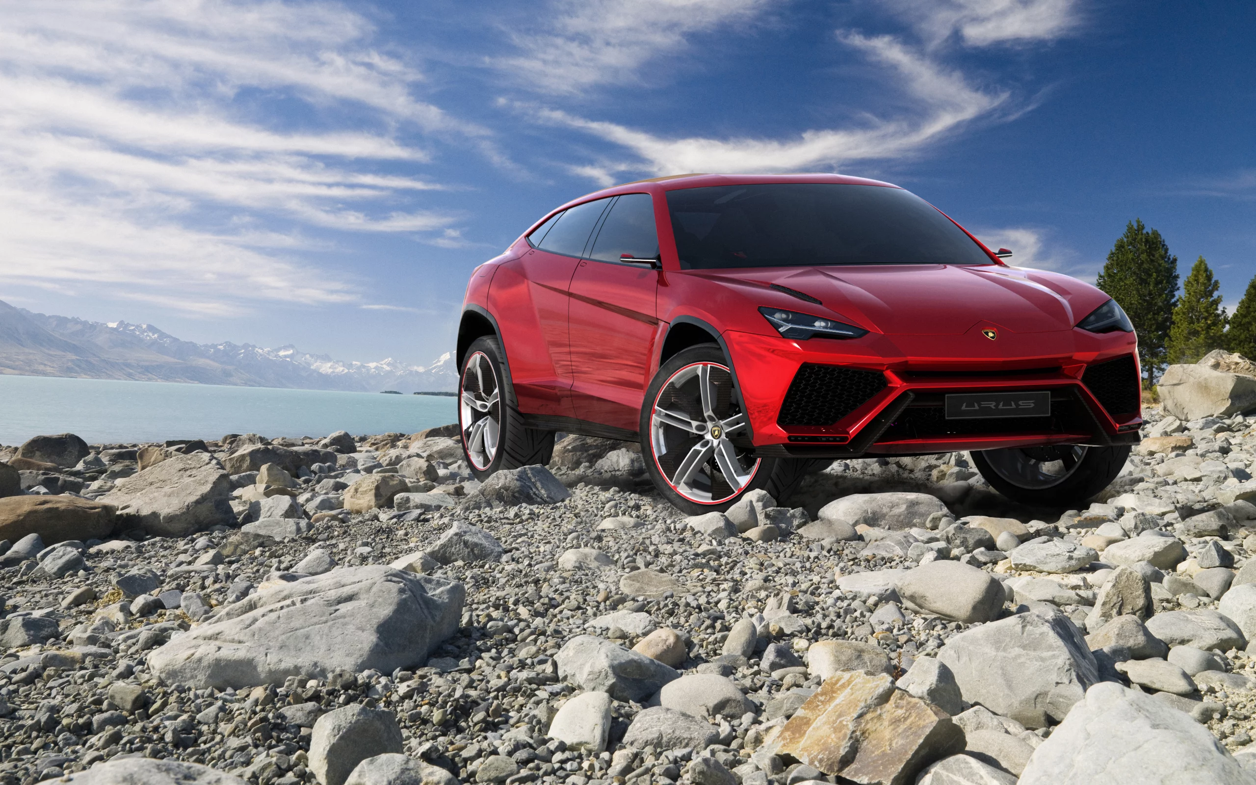 автомобиль, ламборджини, урус, скалы, горы, озеро, urus, lamborghini, front, red, suv, power, car, rocks, mountains, lake, sun, sky, summer, see, indusrial, day, nice, wide