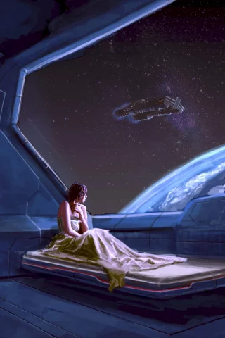девушка, каюта, космолёт, космический, корабль, планета, girl, stateroom, room, spaceship, space, planet, alien, up, see, sky, stars, nice, wide