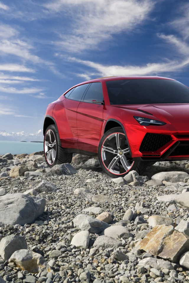 автомобиль, ламборджини, урус, скалы, горы, озеро, urus, lamborghini, front, red, suv, power, car, rocks, mountains, lake, sun, sky, summer, see, indusrial, day, nice, wide