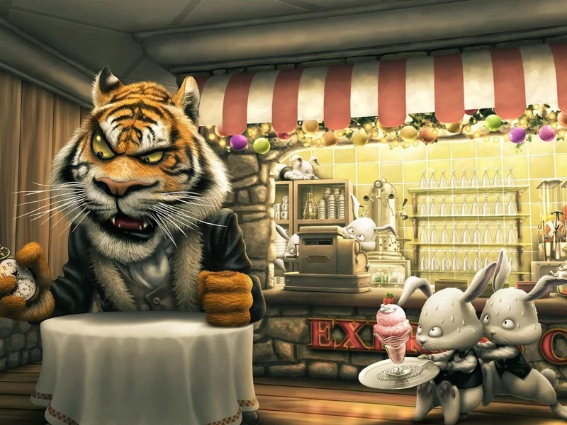 голодный, тигр, кролики, кафе, angry, tiger, cartoon, tigr, zajtsy, hares, kafe, cafe, eda, sun, solar, light, summer, see, nice, wide