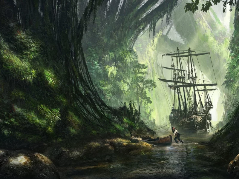 пиратский, корабль, пират, остров, лес, pirate, ship, sailing, boats, rivers, caribbean islands, forest, island, trees, dark, see, nice, wide