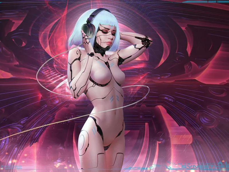 киборг, девушка, арт, музыка, наушники, cyborg, girl, gynoid, white, music, headphones, mode, aluren, space, room, red, nice, sun, sky, stars, fantasio, wide