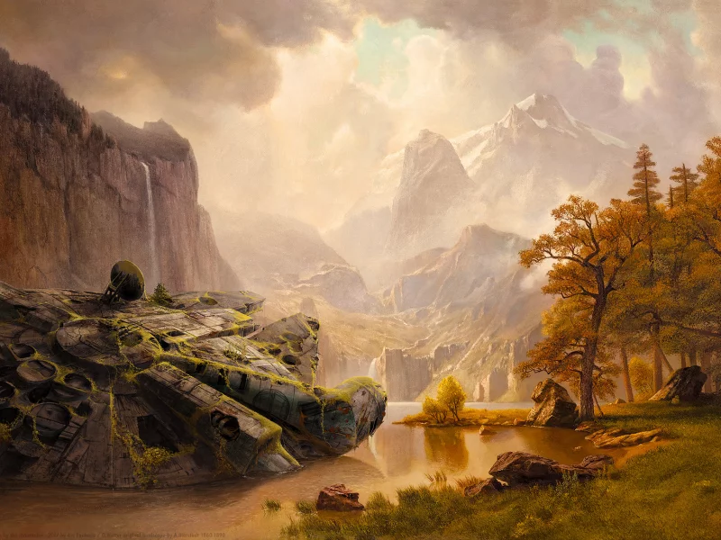 звездолёт, сокол, много лет после войны, забытый, арт, falcon, after bierstadt, many years after the war, abandoned, mountains, lake, shore, future, spaceship, gunship, forest, at, art, artwork, adventure, planet, armada, see, ship, star, wars, космо