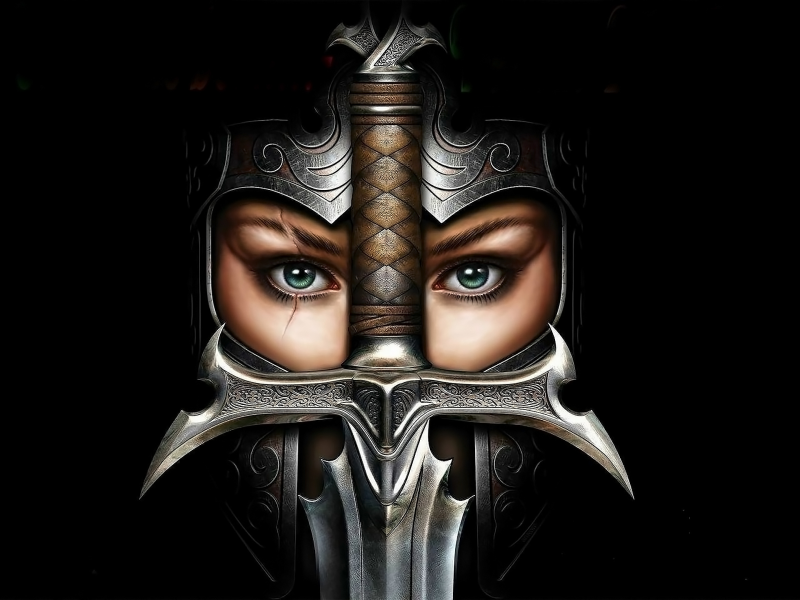 девушка, воин, меч, castle, night, girl, warrior, sword, helmet, dress, metal, gloves, aluren, dark, sun, sky, see, eyes, nice, wide