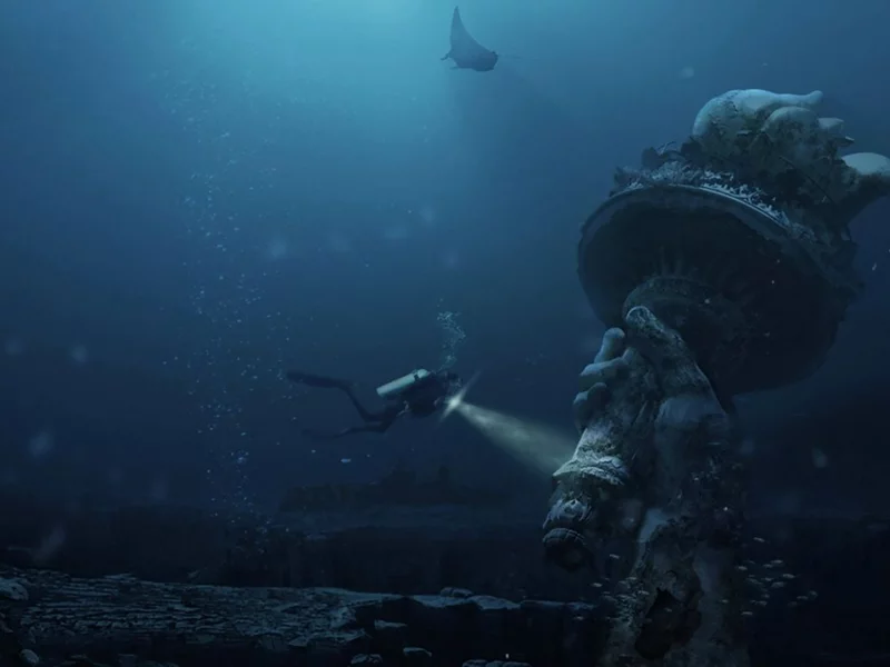 под водой, аквалангист, руины, ny, underwater, diver, future, statue, liberty, torch, sea, ocean, dark, water, see, nice, wide