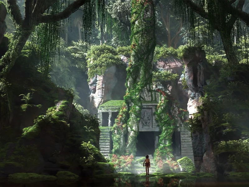 заброшенный, дворец, джунгли, книга джунглей, jungle, forgotten, place, junglebook, boy, forest, grass, ruins, stones, trees, palm, day, light, see, nice, wide