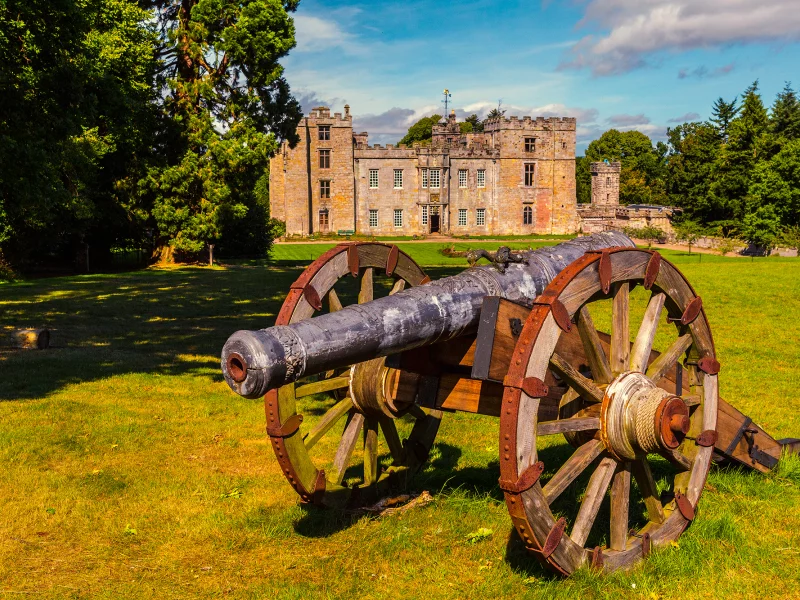 пушка, начало 19 века, старая, англия, замок, cannon, early 19th century, old, england, castle, сhillingham сastle, northumberland, gun, army, meadow, light, see, nice, wide