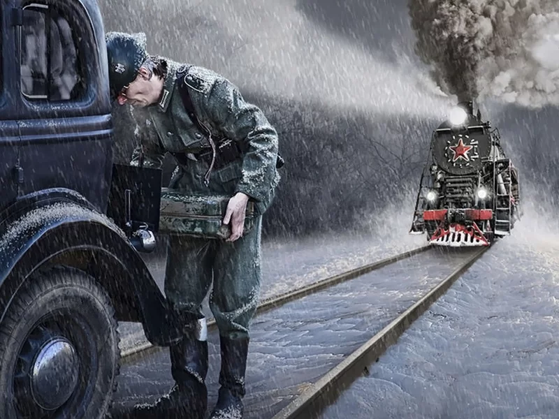 железнодорожный переезд, немец, автомобиль, поезд, ночь, railway crossing, german, zoldat, car, train, night, whinter, snow, see, danger, back, wide