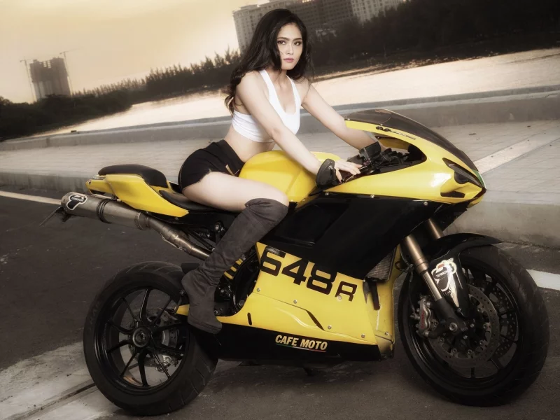мотоцикл, сузуки, девушка, motorcycle, suzuki, girl, brunette, shorts, black, moto, yellow, motorbike, bike, storm, highball, see, drive, street, day, wide