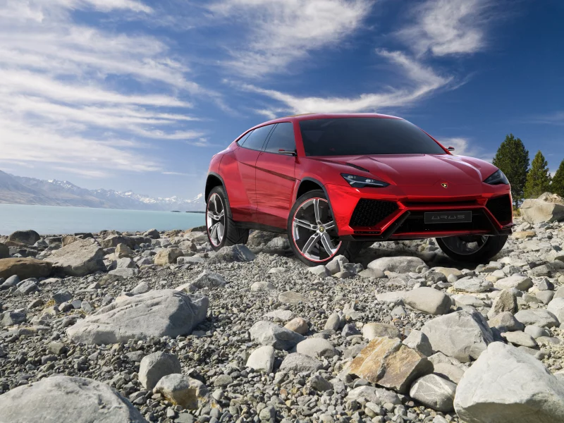автомобиль, ламборджини, урус, скалы, горы, озеро, urus, lamborghini, front, red, suv, power, car, rocks, mountains, lake, sun, sky, summer, see, indusrial, day, nice, wide