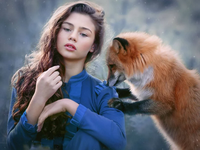 лиса, длинные волосы, девушка, рыжая, снег, настроение, взгляд