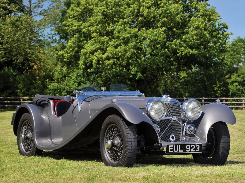 автомобиль, ягуар, родстер, 1936, jaguar, ss100, roadster, retro, luxury, convertible, front, grey, park, sun, summer, see, nice, wide