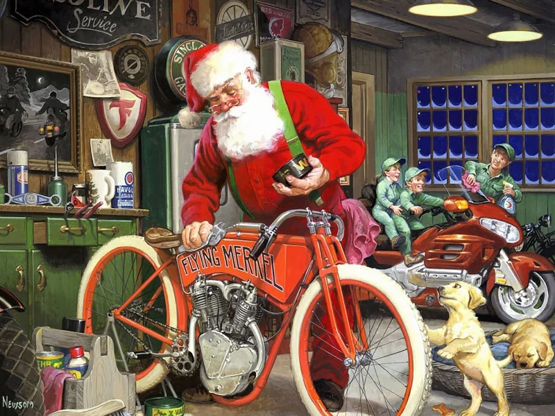 дед мороз, собака, мотоцикл новый год, комната, ночь, grandfather, frost, bike, retro, new year, snow, xmas, santa claus, dog, motorcycle, new year, room, night, art, wide