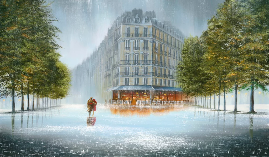 арт, jeff rowland, двое, бульвар, дом, лужи, город, ливень, деревья, кафе, влюбленная пара