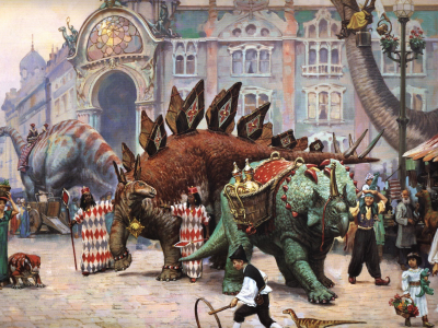 арт, живопись, james gurney, dinotopia, динозавры, улица, люди