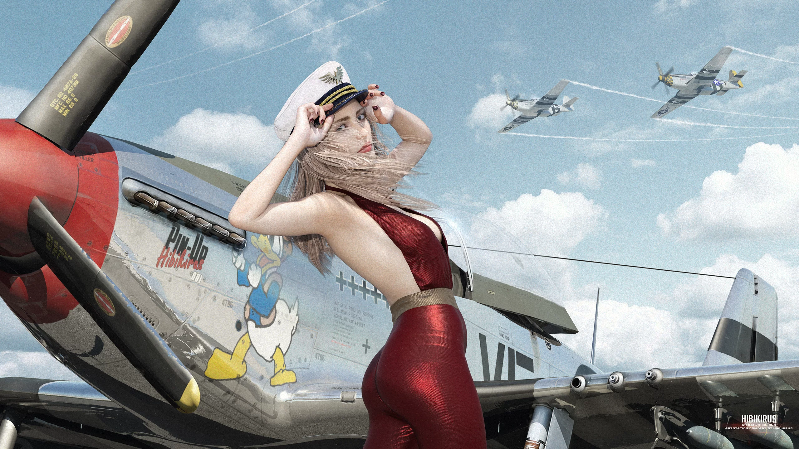 самолёт, девушка, girl, p51d, airplane, us, war, aeroplane, fighter, combat, field, sky, front, see, nice, pin, up, wide