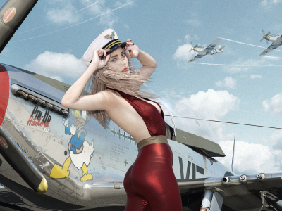 самолёт, девушка, girl, p51d, airplane, us, war, aeroplane, fighter, combat, field, sky, front, see, nice, pin, up, wide