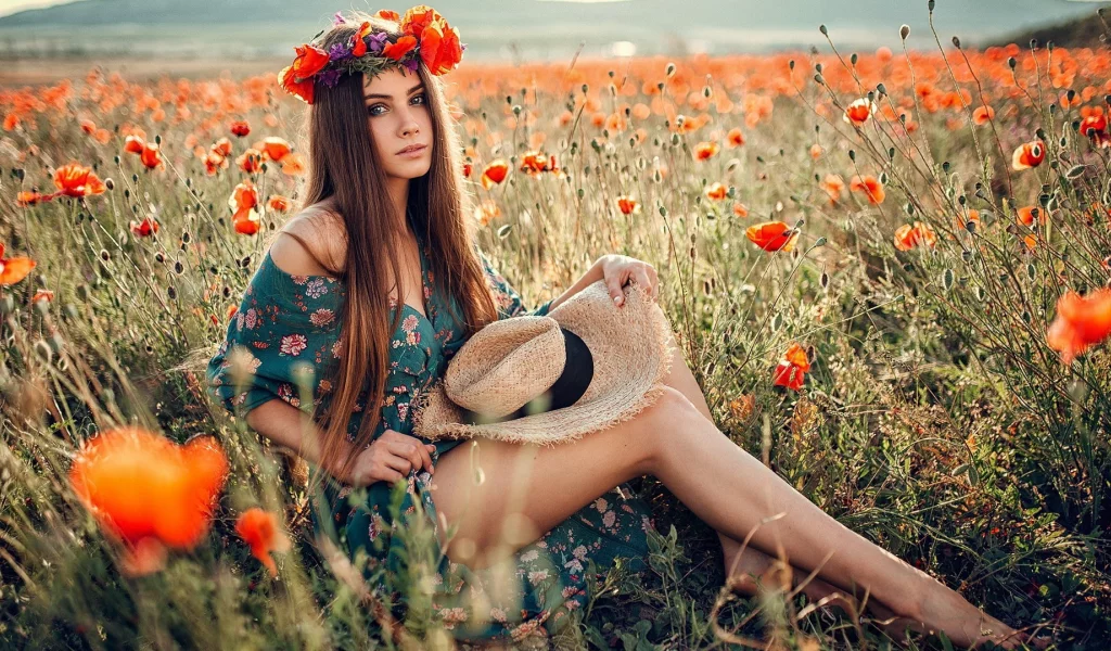 русская девушка, грудь, ножки, поза сидя, ляжки, венок на голове, платье