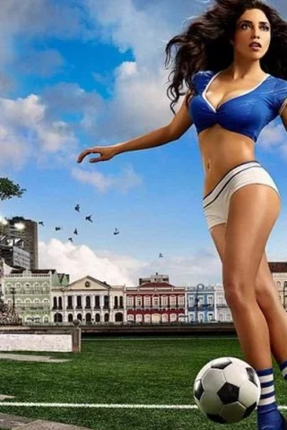 девушка, грудь, ножки, спортивная фигура, девушка с мячом, белые трусики, синий топик, животик, длинные волосы