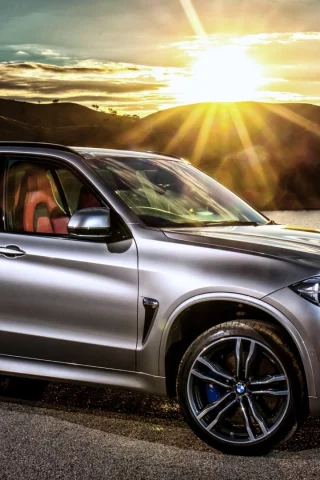 bmv x5, горы, закат, озеро